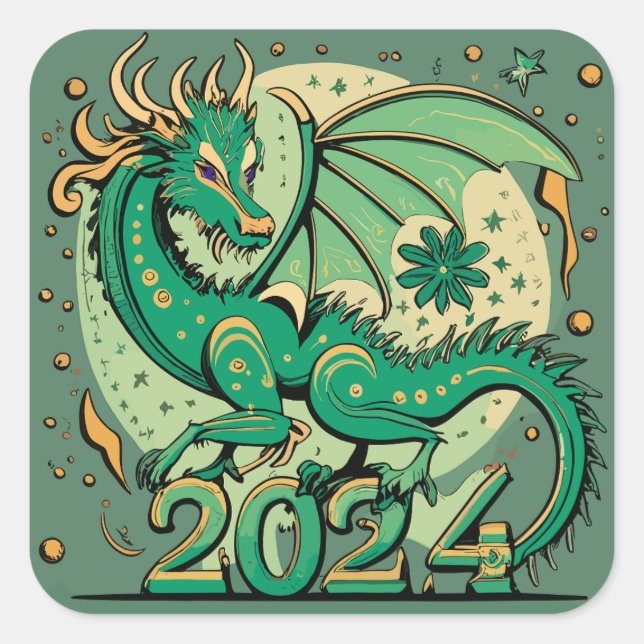 Sticker Carré Symbole 2024 Nouvel An, Dragon de Bois Vert (Devant)