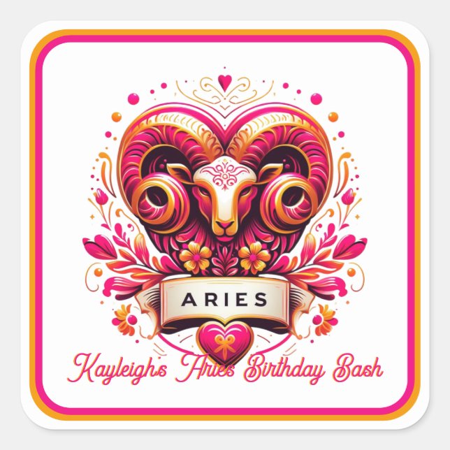 Sticker Carré Symbole Zodiac Aries Anniversaire de bélier rose e (Devant)