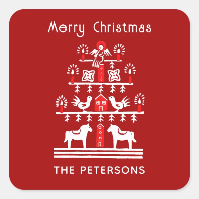 Sticker Carré Sympa Festif Scandi Rouge Blanc Arbre de Noël (Devant)
