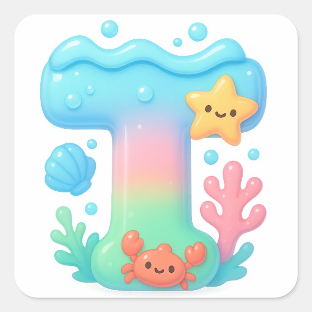 Sticker Carré "T" Cute Letter - Underwater Sea Creature  (Devant)