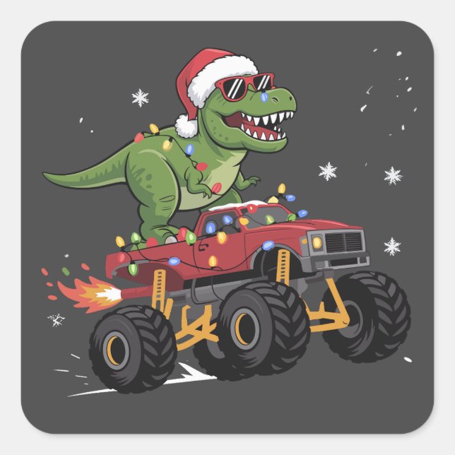 Sticker Carré T-Rex Dinosaur Camion Monster de Noël (Devant)