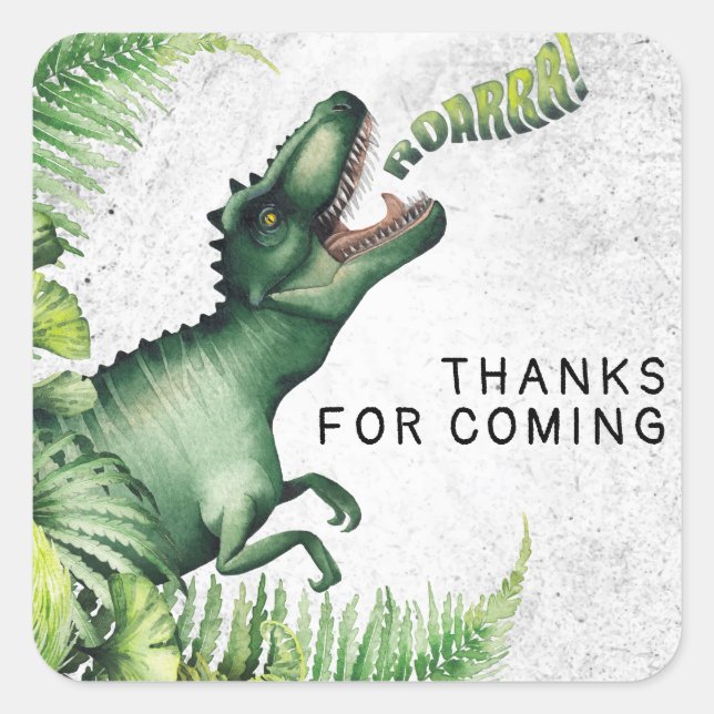 Sticker Carré T-Rex Dinosaur Merci de fête d'anniversaire (Devant)