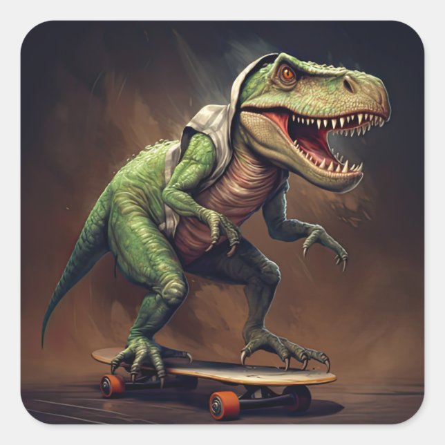 Sticker Carré T-Rex Dinosaur Rising a Skateboard Anniversaire Pa (Devant)