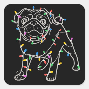 Sticker Carré T-shirt de Noël avec arbre pour chiens Pug, Xmas, 