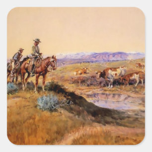 Sticker Carré « Tabassé » Art occidental par Charles M Russell