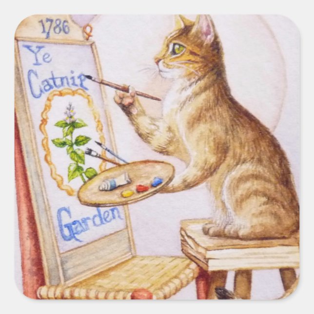 Sticker Carré Tabby Artiste Brown Peinture Chat Aquarelle Art (Devant)