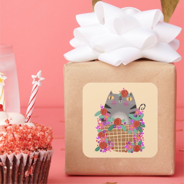 Sticker Carré Tabby cat & fleurs (Fête)