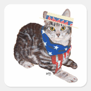 Sticker Carré Tabby Cat Patriotique Américain Shorthair