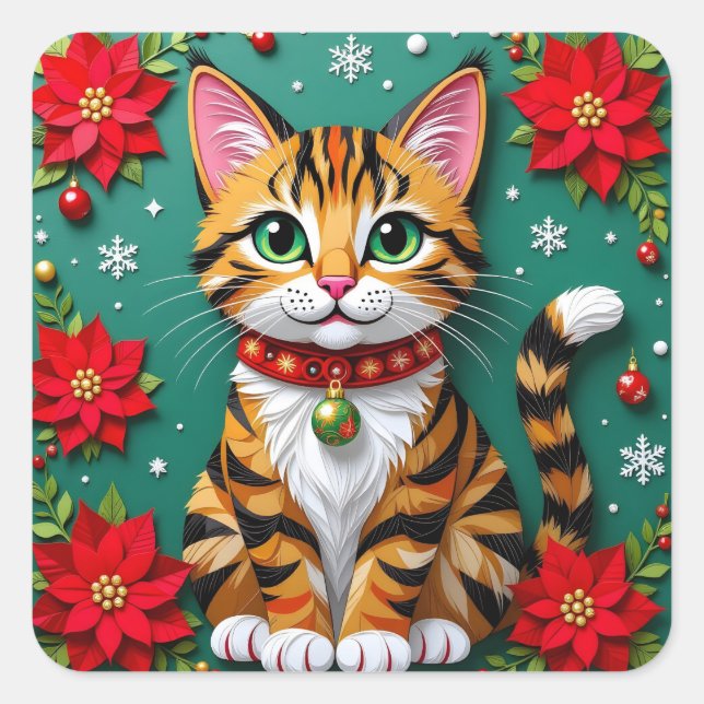 Sticker Carré Tabby Cat, Poinsettias and Snowflakes Christmas (Devant)