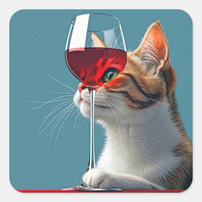 Sticker Carré Tabby Chat avec verre de vin rouge (Devant)