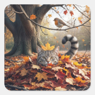 Sticker Carré Tabby Chat dans un seau de feuilles d'automne