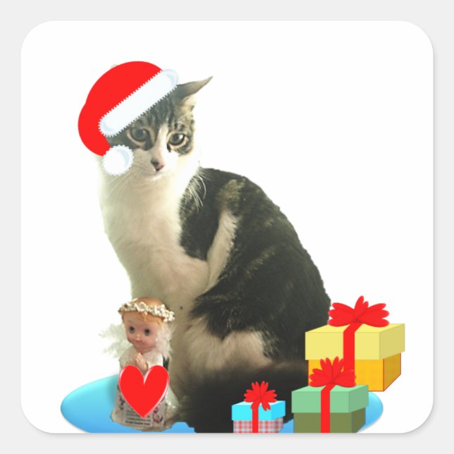 Sticker Carré Tabby chat de Noël et petit ange mignon (Devant)