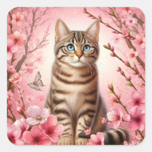 Sticker Carré Tabby Chat Japonais Cerisier Fleur Kitten