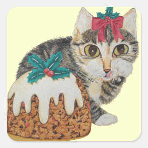 Sticker Carré tabby gris chaton mignon lécher patte noël