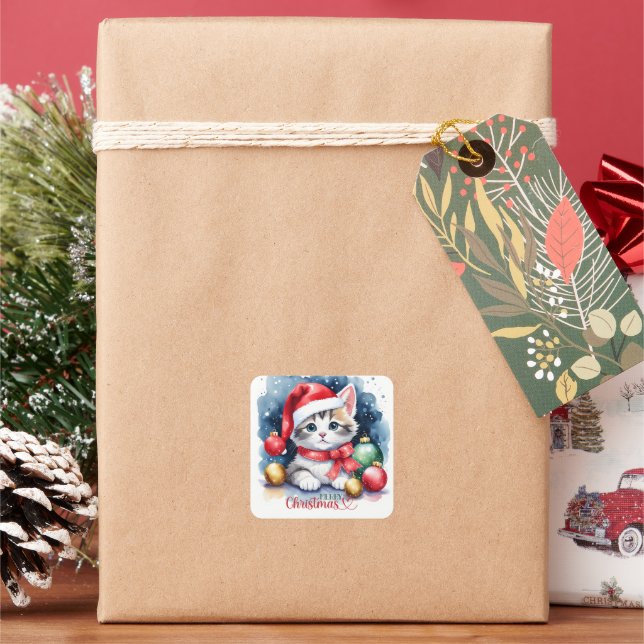Sticker Carré Tabby Kitten À Santa Hat Joyeux Noël (vacances)