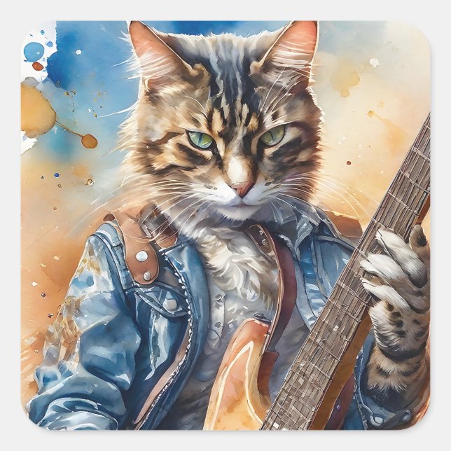 Sticker Carré Tabby rayé Cat Rock Star Jouer de la guitare (Devant)