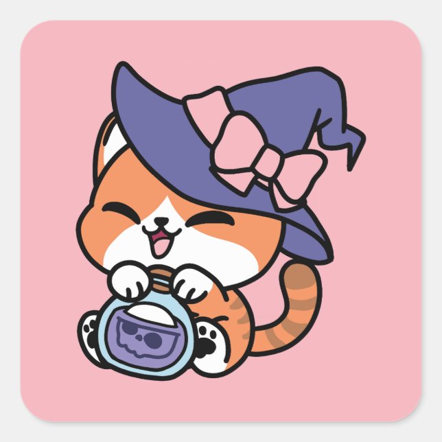 Sticker Carré Tabby Witch Brew – Joli Design de Chat d'Halloween (Devant)