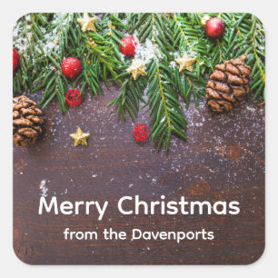 Sticker Carré Table de Noël rustique avec pin et neige