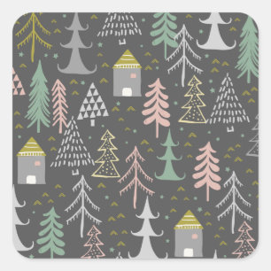 Sticker Carré Tableau noir Arbres de Noël et Maisons Jaune rose