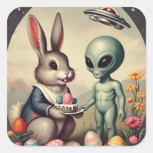 Sticker Carré Tableau Vintage Alien et Bunny de Pâques Kitsch (Devant)