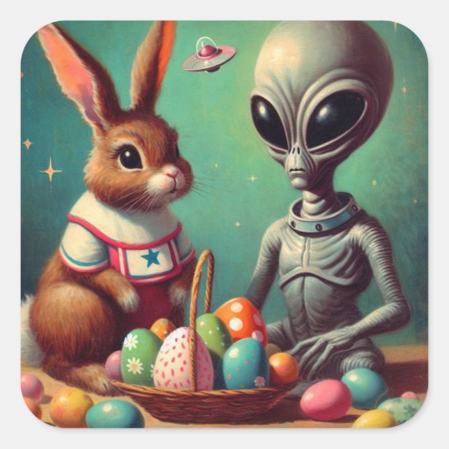 Sticker Carré Tableau Vintage Alien et Bunny de Pâques Kitsch (Devant)
