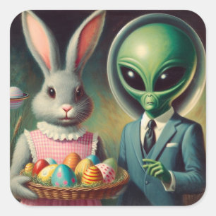 Sticker Carré Tableau Vintage Alien et Bunny de Pâques Kitsch