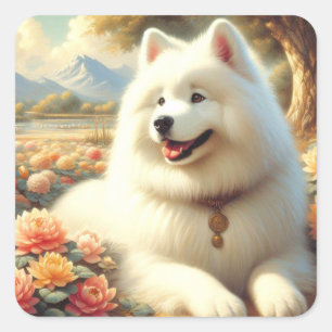 Sticker Carré Tableau vintage Samoyed Dog