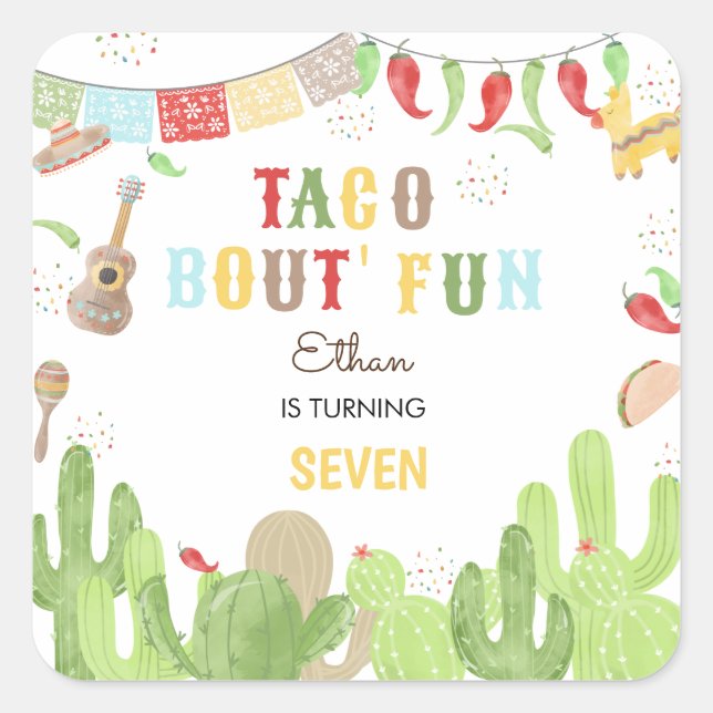 Sticker Carré Taco bout' fun fiesta mexicaine anniversaire (Devant)