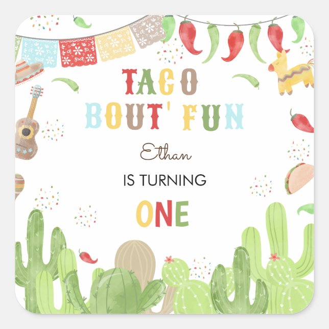 Sticker Carré Taco bout' fun fiesta mexicaine premier anniversai (Devant)