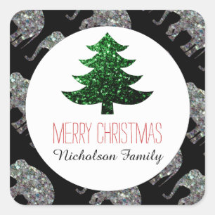 Sticker Carré Tag cadeau Elephant Green Christmas tree scintille