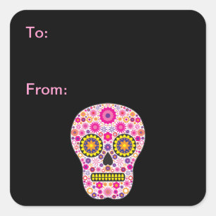 Sticker Carré Tags cadeaux Pink Mexican Sugar Skull