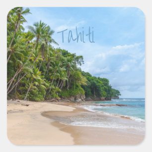 Sticker Carré Tahiti Sand Beach Ciel bleu Palmiers