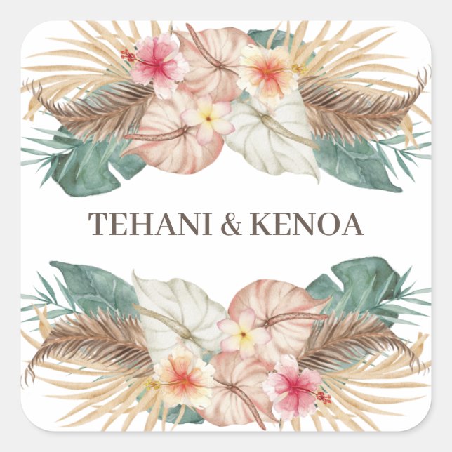 Sticker Carré Tahiti | Tropical Beach Hibiscus Palms Mariage (Devant)
