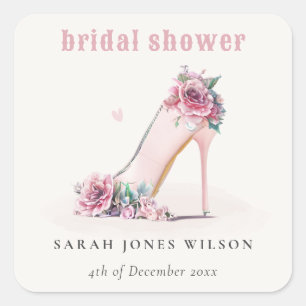 Sticker Carré Talon Hauts Rose Pâle Floral Mariage Douche