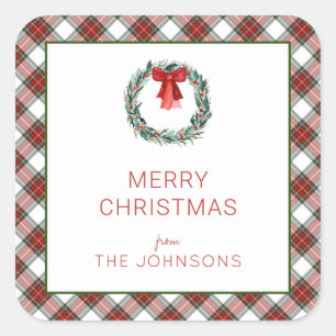 Sticker Carré Tartan de Noël Plaid Wreath Bow