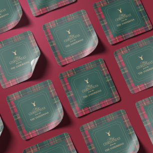 Sticker Carré Tartan Élégant Joyeux Noël Nom de Famille