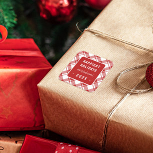 Sticker Carré Tartan Rouge & Blanc Plaid Happy Holidays