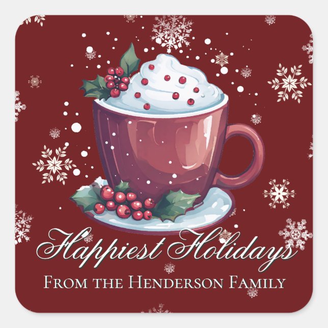 Sticker Carré Tasse de chocolat chaud de Noël | Rouge (Devant)