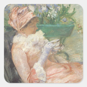Sticker Carré Tasse de thé de Mary Cassatt, impressionnisme Vint