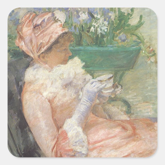 Sticker Carré Tasse de thé de Mary Cassatt, impressionnisme Vint (Devant)