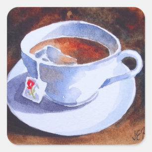 Sticker Carré Tasse de thé et soucoupe avec le sac à thé