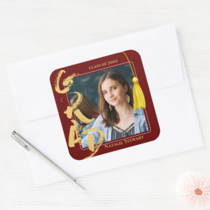 Sticker Carré Tassel de fin d'études Photo Promotion 2026 Rouge