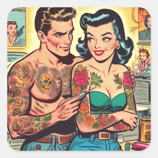 Sticker Carré Tatouage Couple Comics Vintages (Devant)