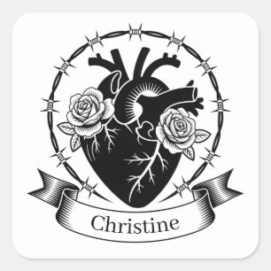 Sticker Carré Tatouage de cœur anatomique : Dessin en noir et bl