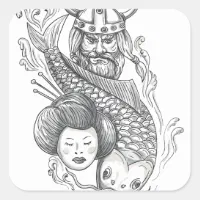 Sticker Carré Tatouage de tête de geisha de carpe de Viking