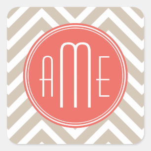 Sticker Carré Taupe élégant et monogramme personnalisé corail