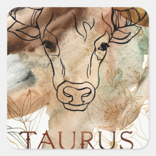 Sticker Carré Taurus bull brown gold flowers planets astrology