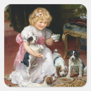 Sticker Carré Tea Time for Fox Terrier Puppies Vintage Chig Art