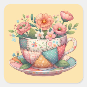 Sticker Carré Teacup Patchwork avec Fleurs Whimsical