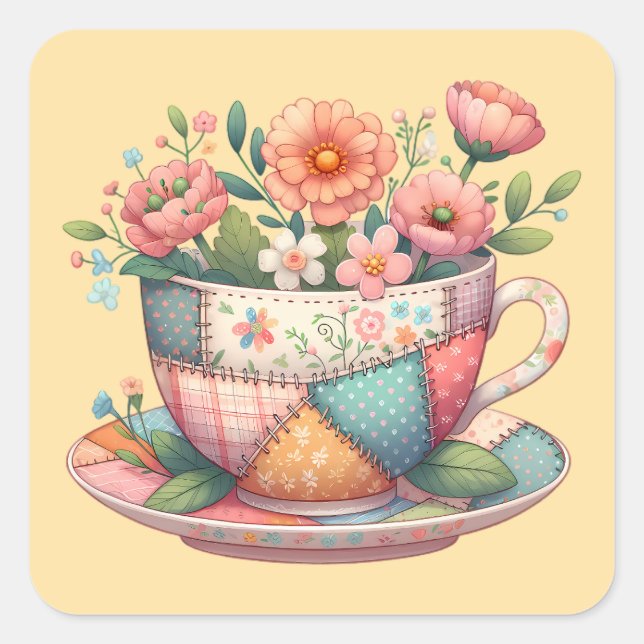 Sticker Carré Teacup Patchwork avec Fleurs Whimsical (Devant)